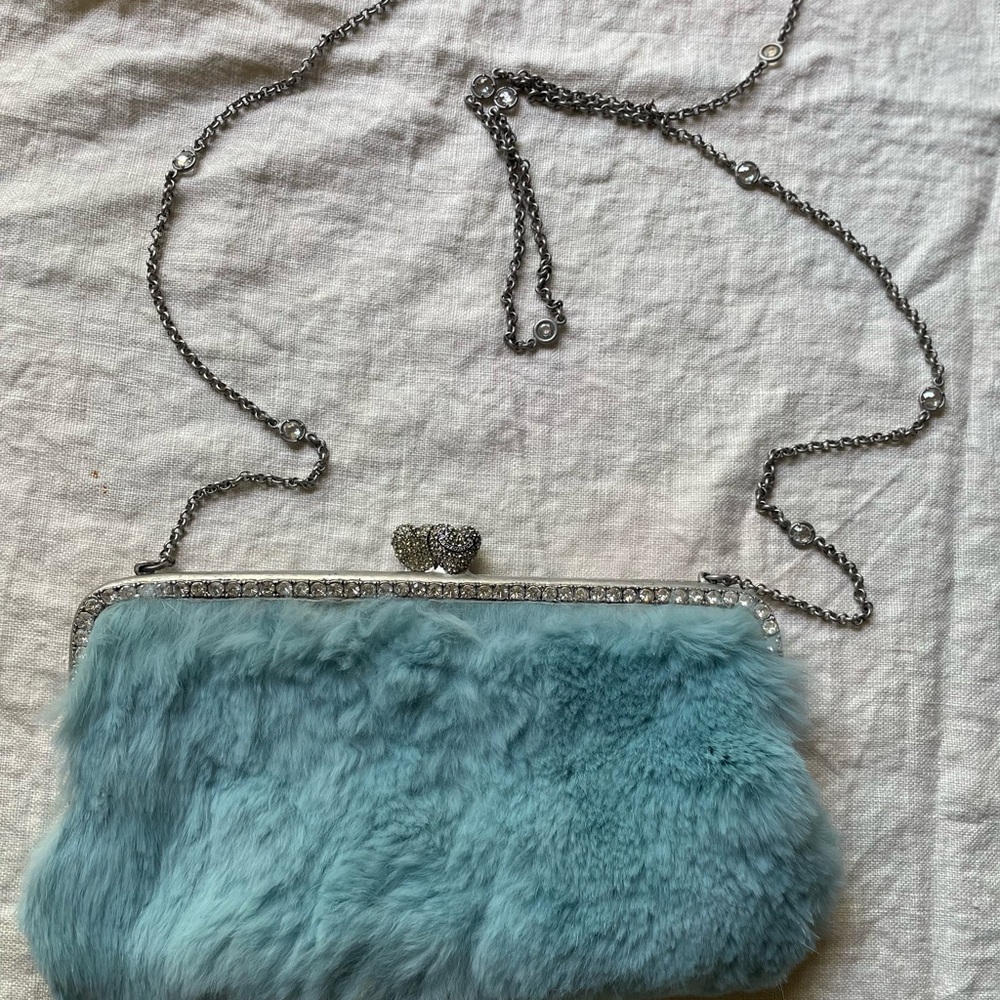 Vintage Y2K Juicy Couture Teal Fur Crossbody Clutch with Crystal Frame and chain